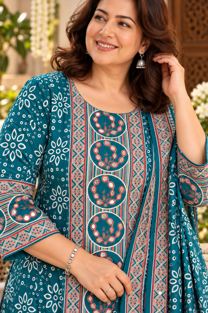 Aafiya Teal Ajrakh Suit With Beads Highlights