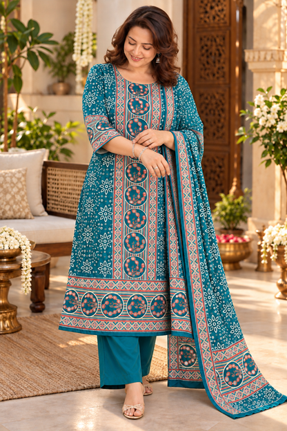 Aafiya Teal Ajrakh Suit With Beads Highlights