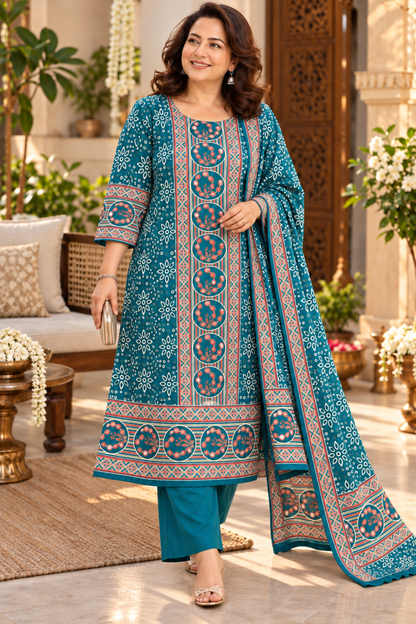 Aafiya Teal Ajrakh Suit With Beads Highlights