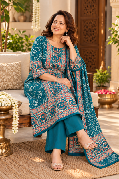 Aafiya Teal Ajrakh Suit With Beads Highlights