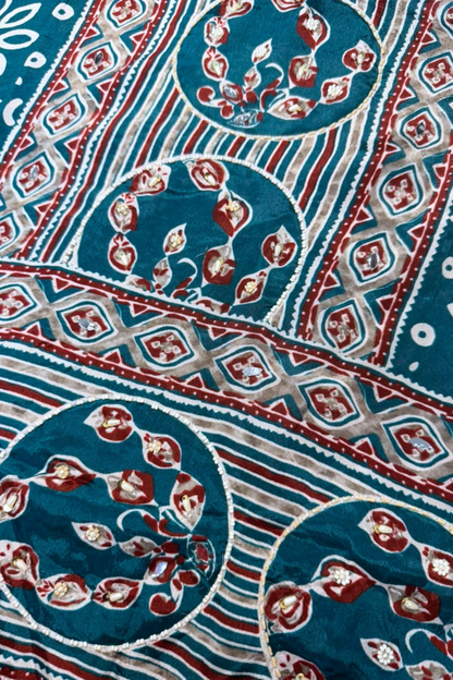 Aafiya Teal Ajrakh Suit With Beads Highlights