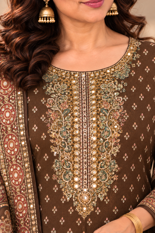 Mahira Karachi Muslin Suit With Mirror Work