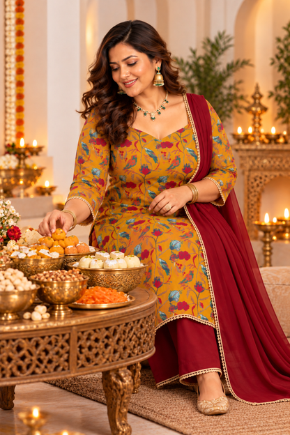 Marigold Mehfil Printed Suit Set