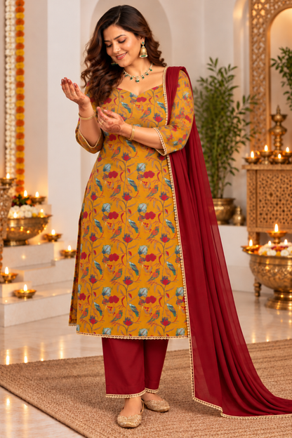 Marigold Mehfil Printed Suit Set