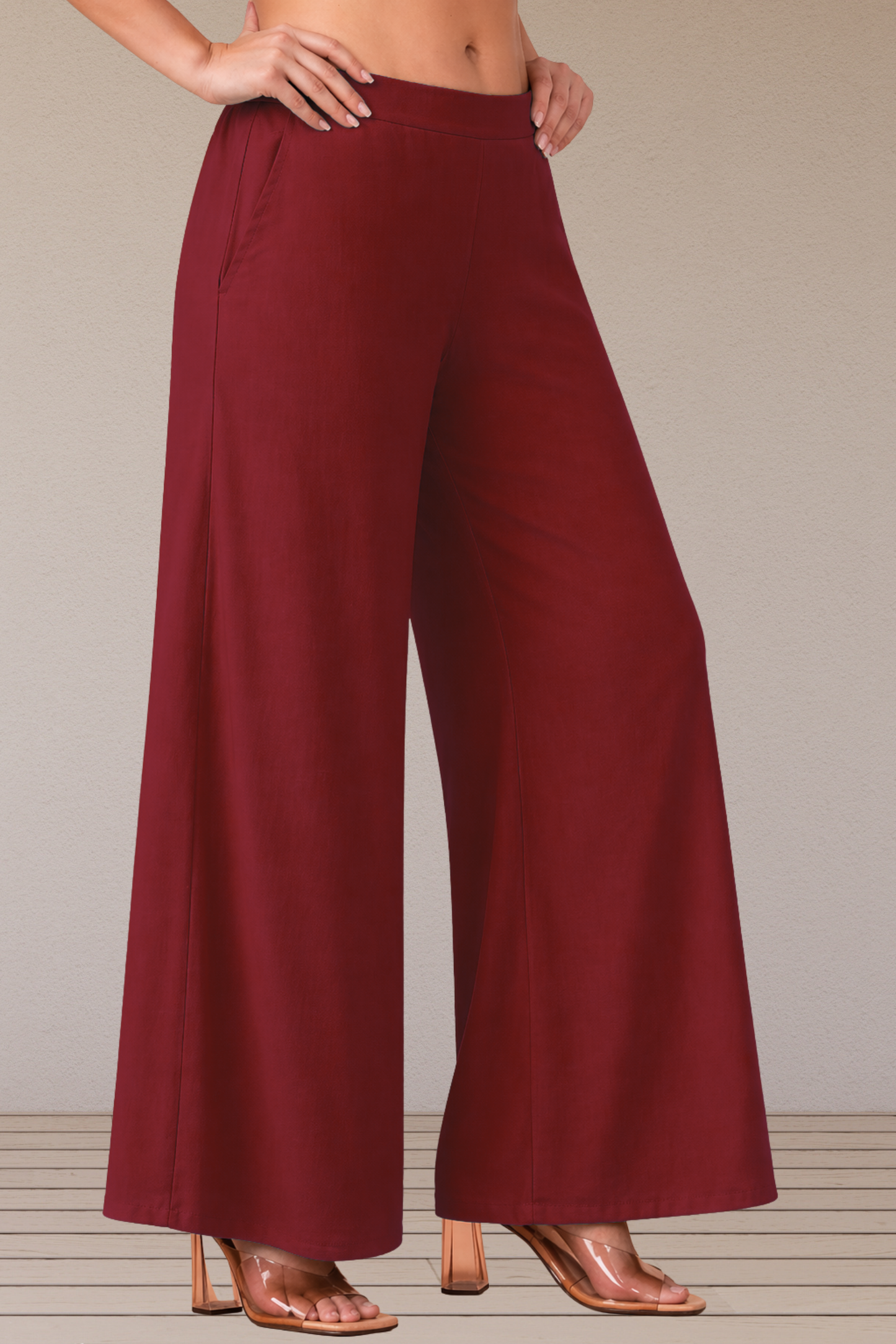 Maroon Belted Rayon Loose Palazzo