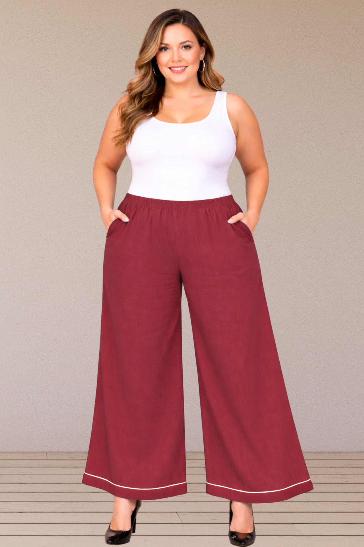 Maroon Detailed Hemline Rayon Palazzo