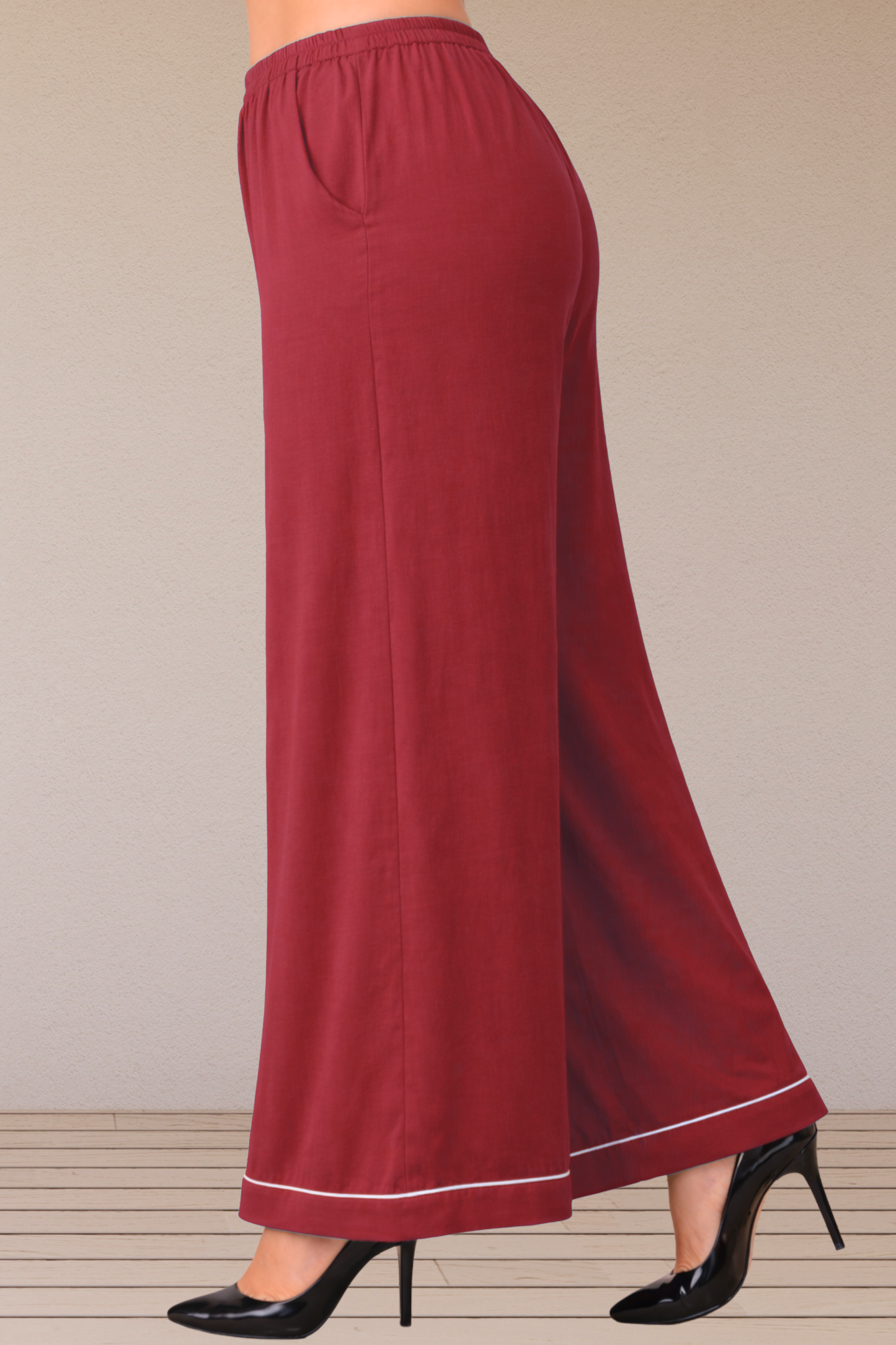 Maroon Detailed Hemline Rayon Palazzo