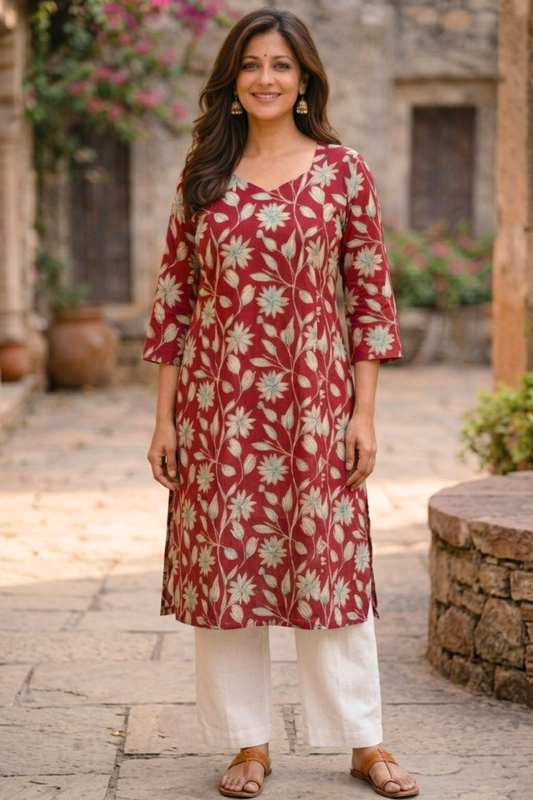 Maroon Floral Cotton Kurta