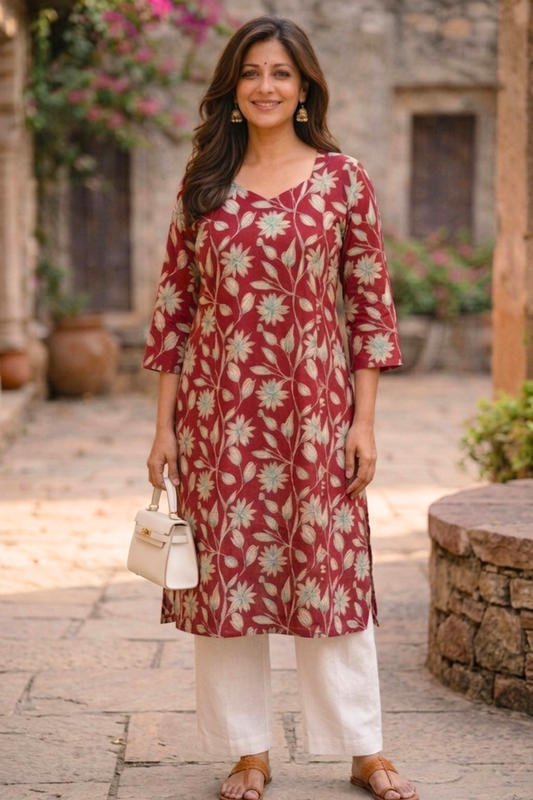 Maroon Floral Cotton Kurta