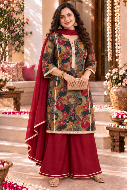 Maroon Mehek Suit Set With Foil Print