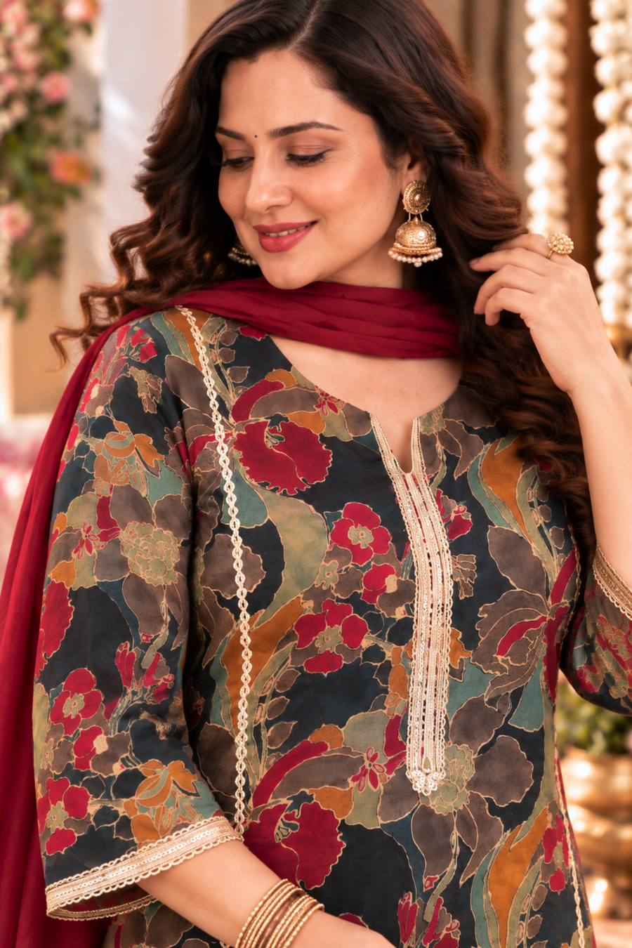 Maroon Mehek Suit Set With Foil Print