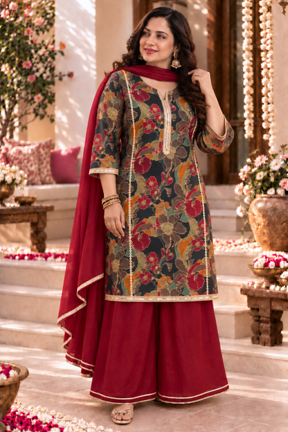 Maroon Mehek Suit Set With Foil Print