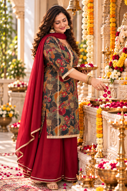 Maroon Mehek Suit Set With Foil Print
