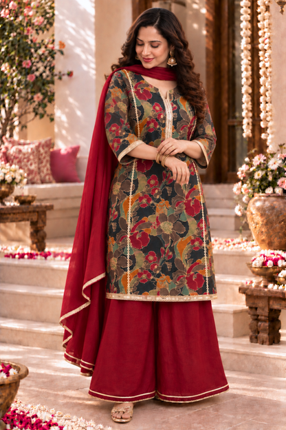 Maroon Mehek Suit Set With Foil Print