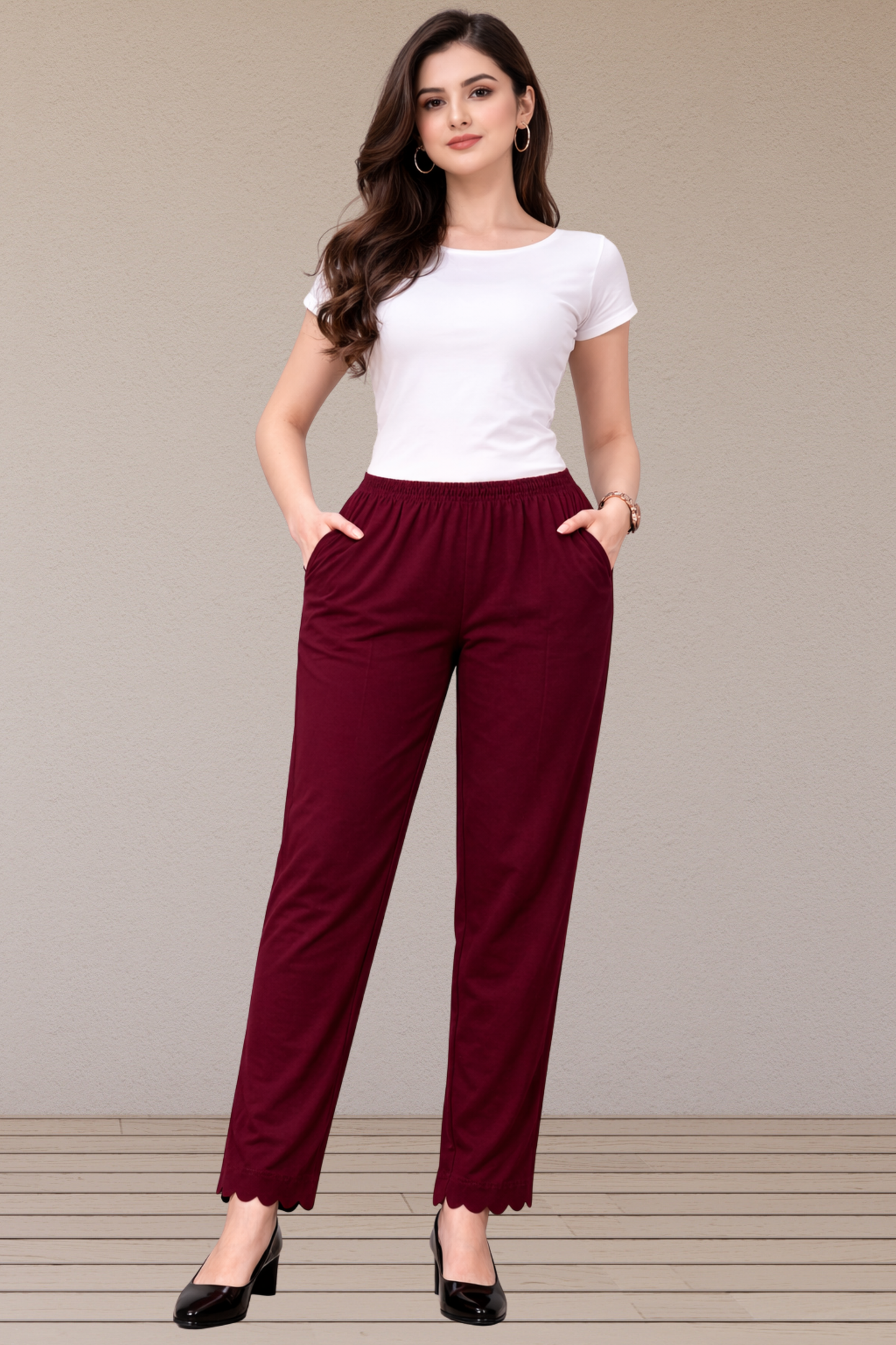 Maroon Scallop Cut Cotton Palazzo