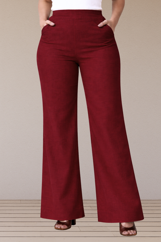 Maroon Wide Leg Slub Pants
