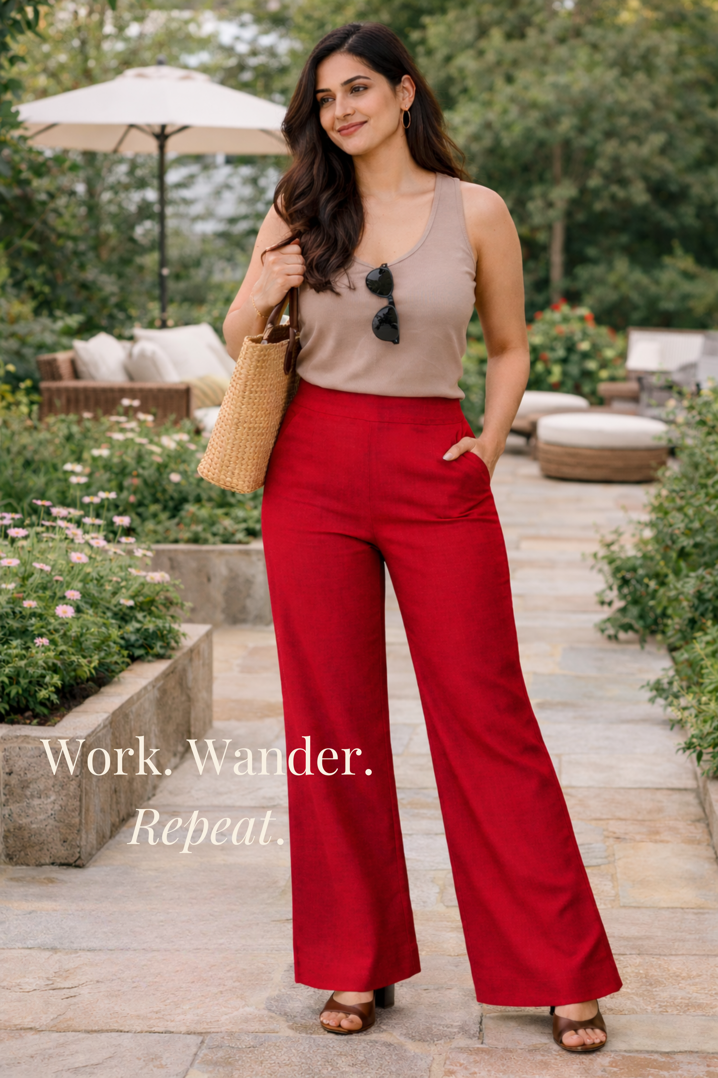 Red Wide Leg Slub Pants