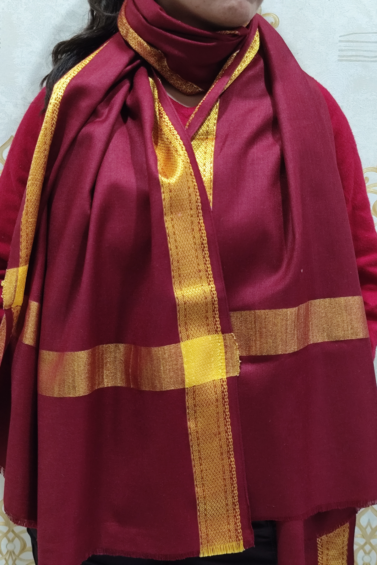 Maroon Bordered Woollen Shawl