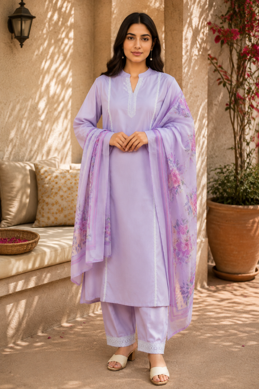 Mauve Cotton Lacework Suit Set