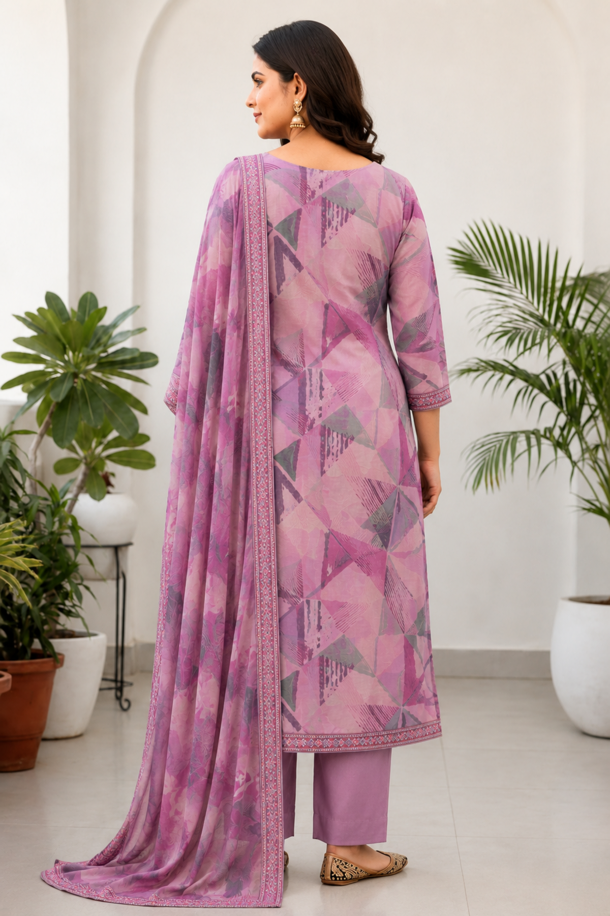 Mauve Geometry Muslin Suit with Thread Work
