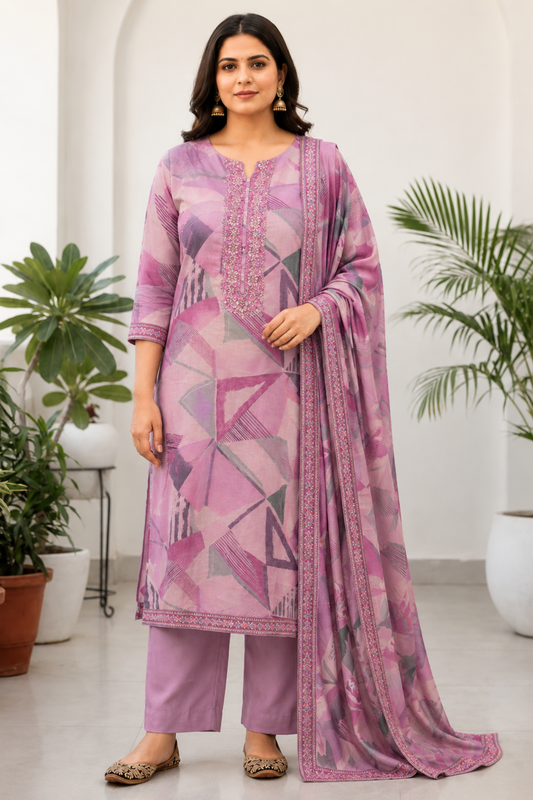 Mauve Geometry Muslin Suit with Thread Work