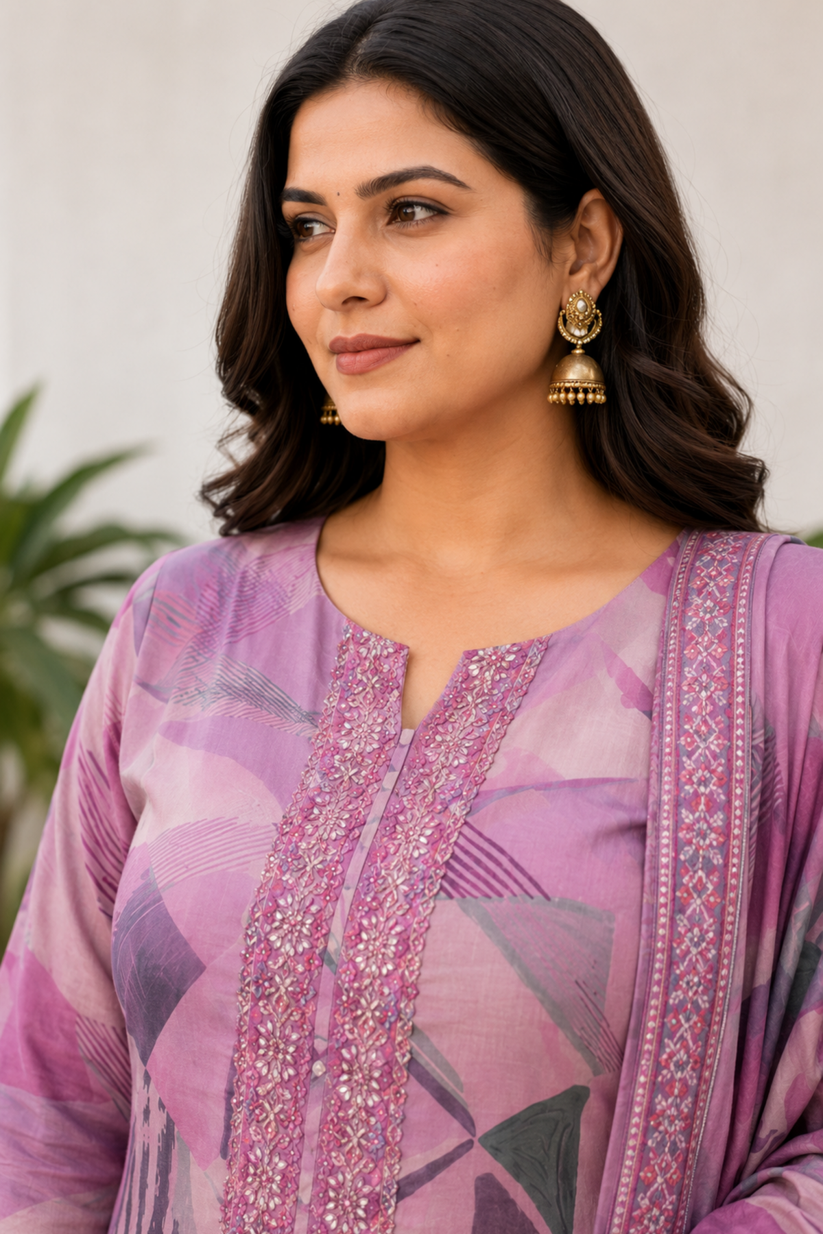 Mauve Geometry Muslin Suit with Thread Work