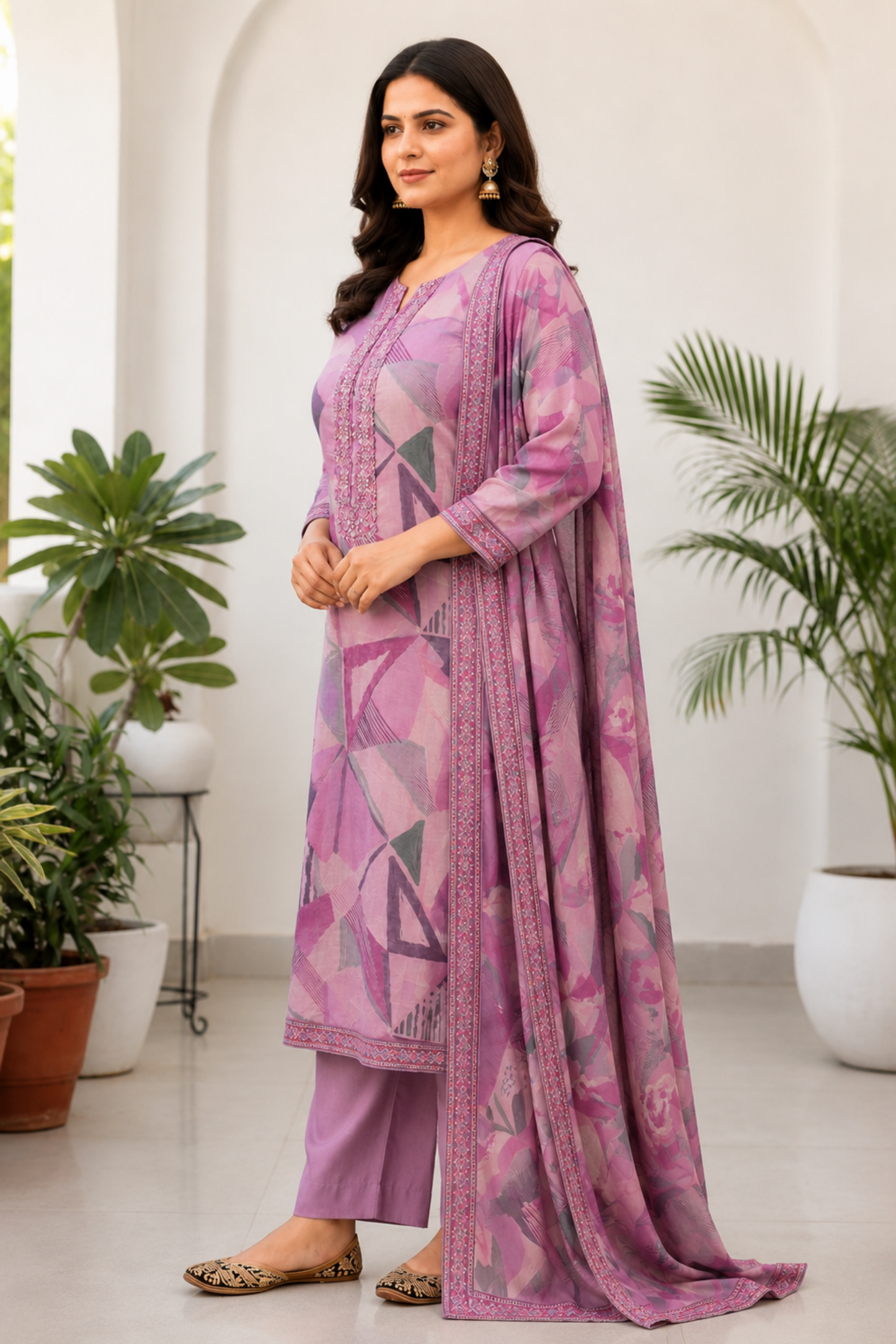 Mauve Geometry Muslin Suit with Thread Work