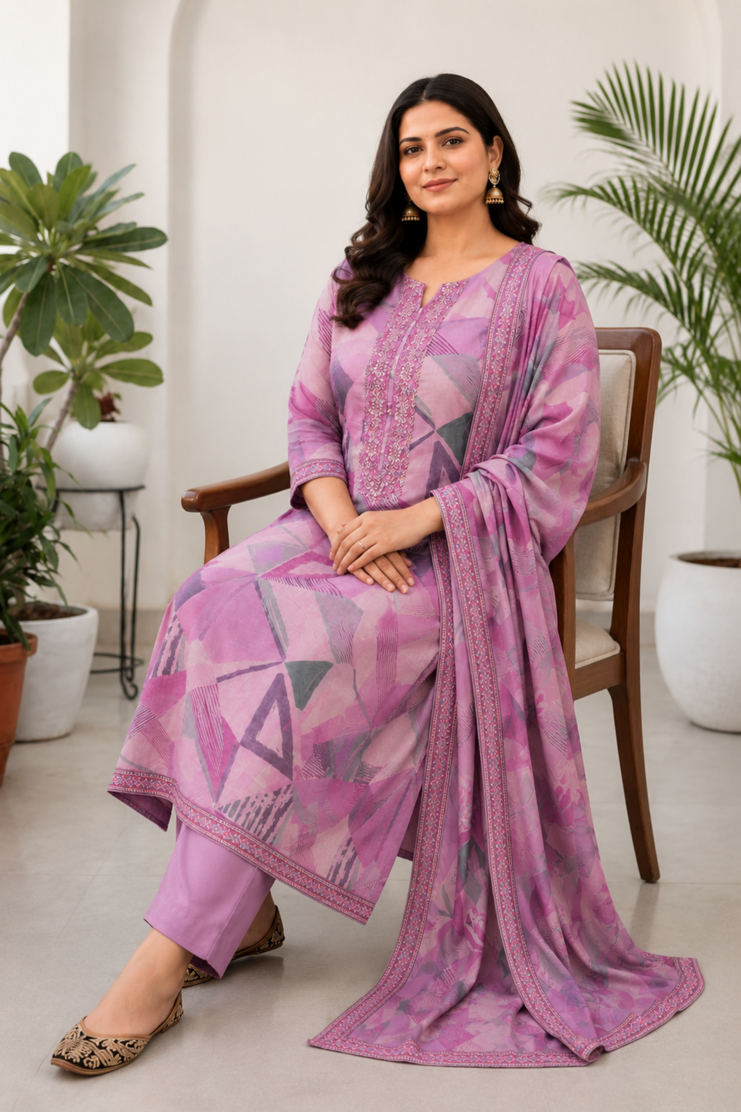 Mauve Geometry Muslin Suit with Thread Work