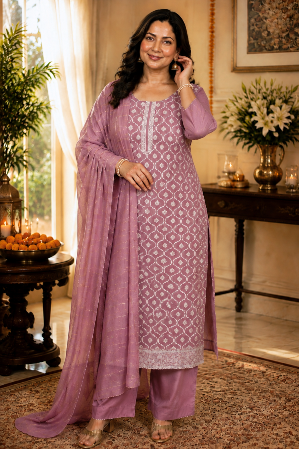 Mauve Taupe Jacquard Linen Suit