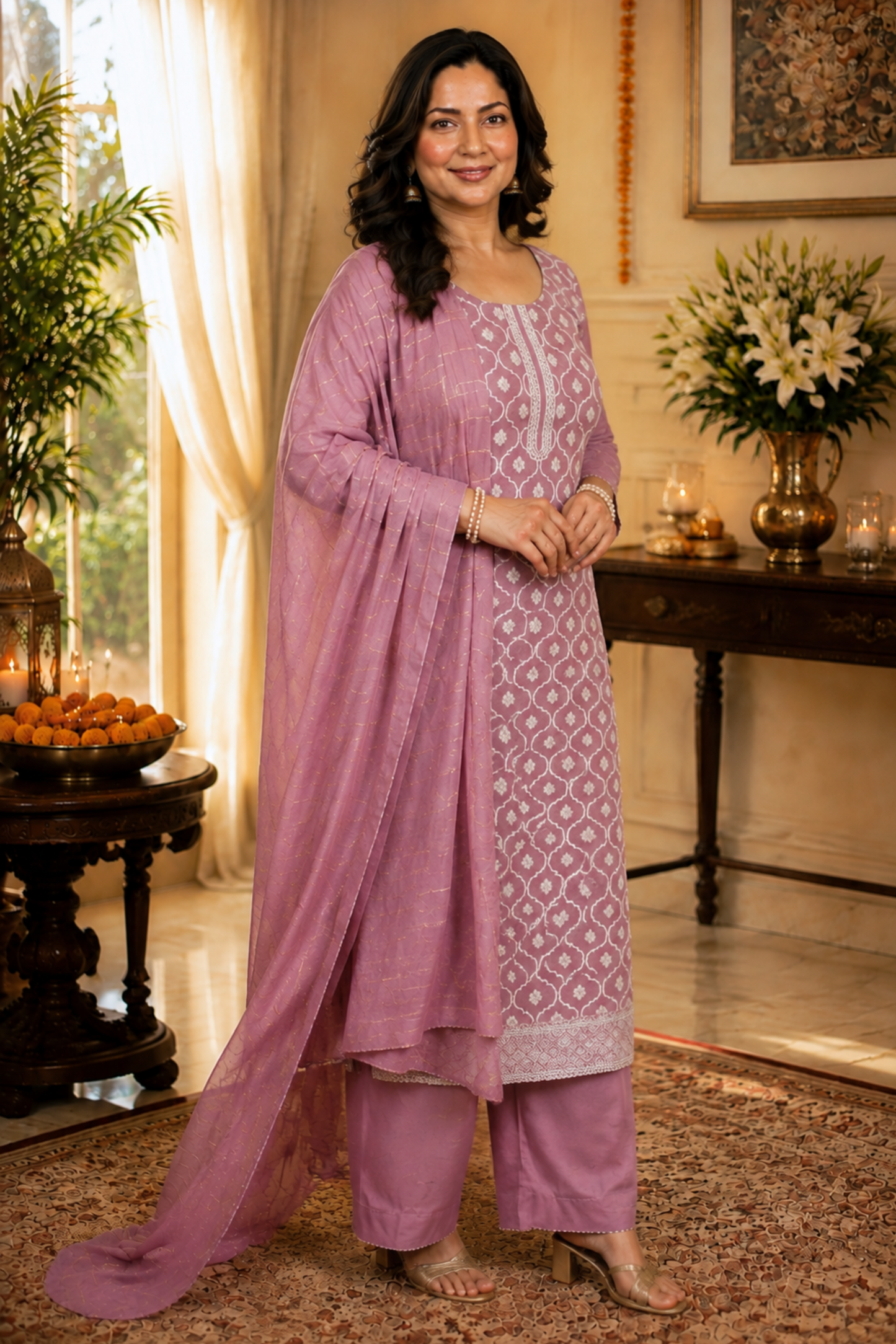 Mauve Taupe Jacquard Linen Suit