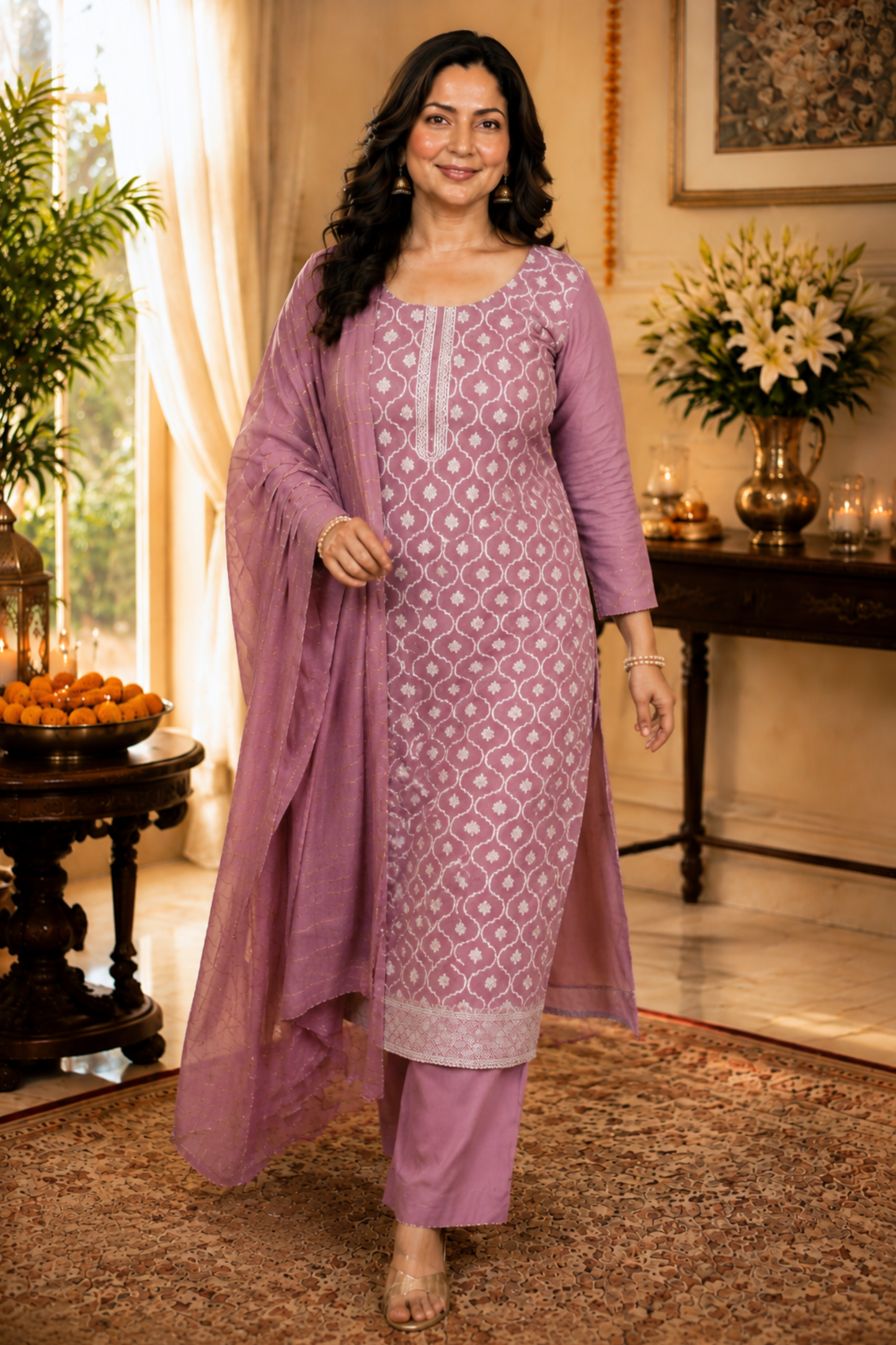 Mauve Taupe Jacquard Linen Suit