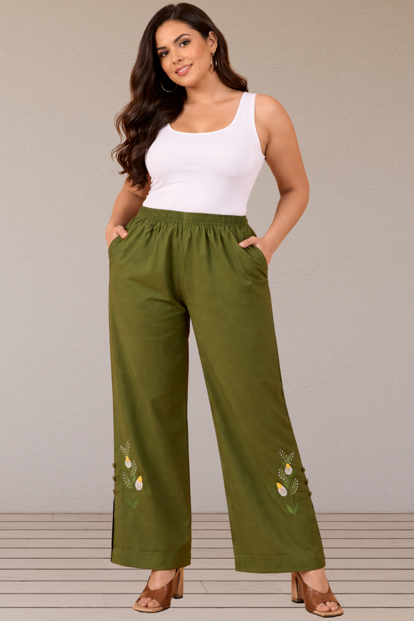 Mehandi Green Detailed Cotton Pants