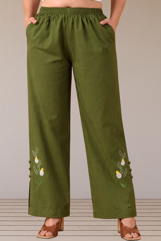 Mehandi Green Detailed Cotton Pants