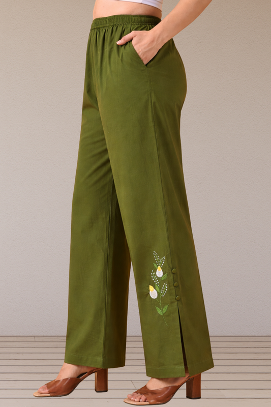 Mehandi Green Detailed Cotton Pants