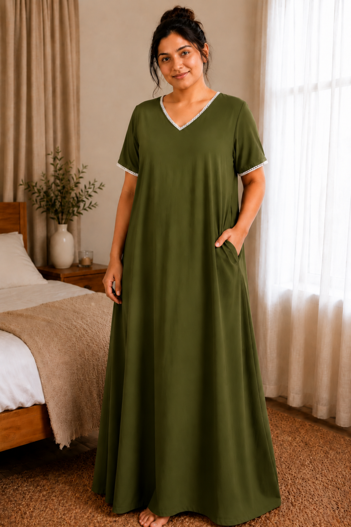 Mehandi Green Rayon Night Gown