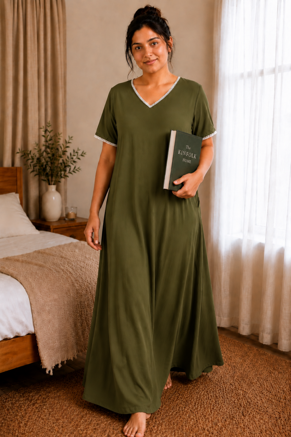 Mehandi Green Rayon Night Gown