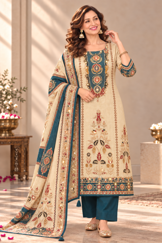 Meher Karachi Muslin Suit With Mirror Work