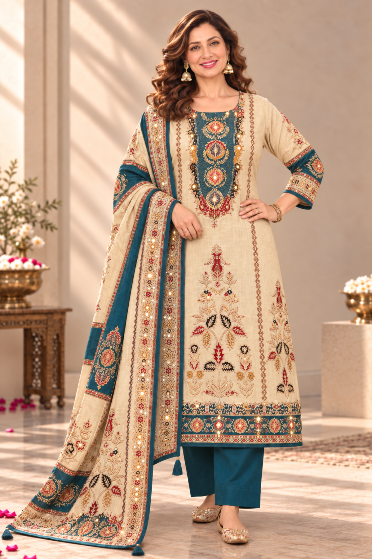Meher Karachi Muslin Suit With Mirror Work