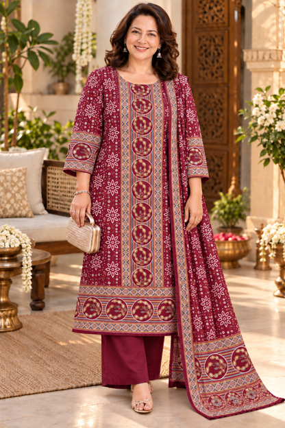 Meher Maroon Ajrakh Suit With Beads Highlights