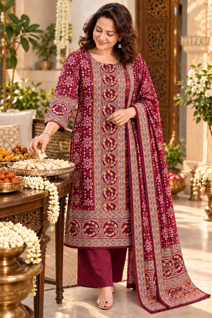 Meher Maroon Ajrakh Suit With Beads Highlights