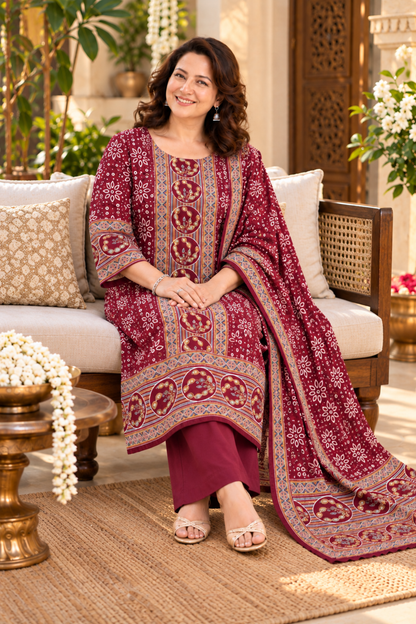 Meher Maroon Ajrakh Suit With Beads Highlights