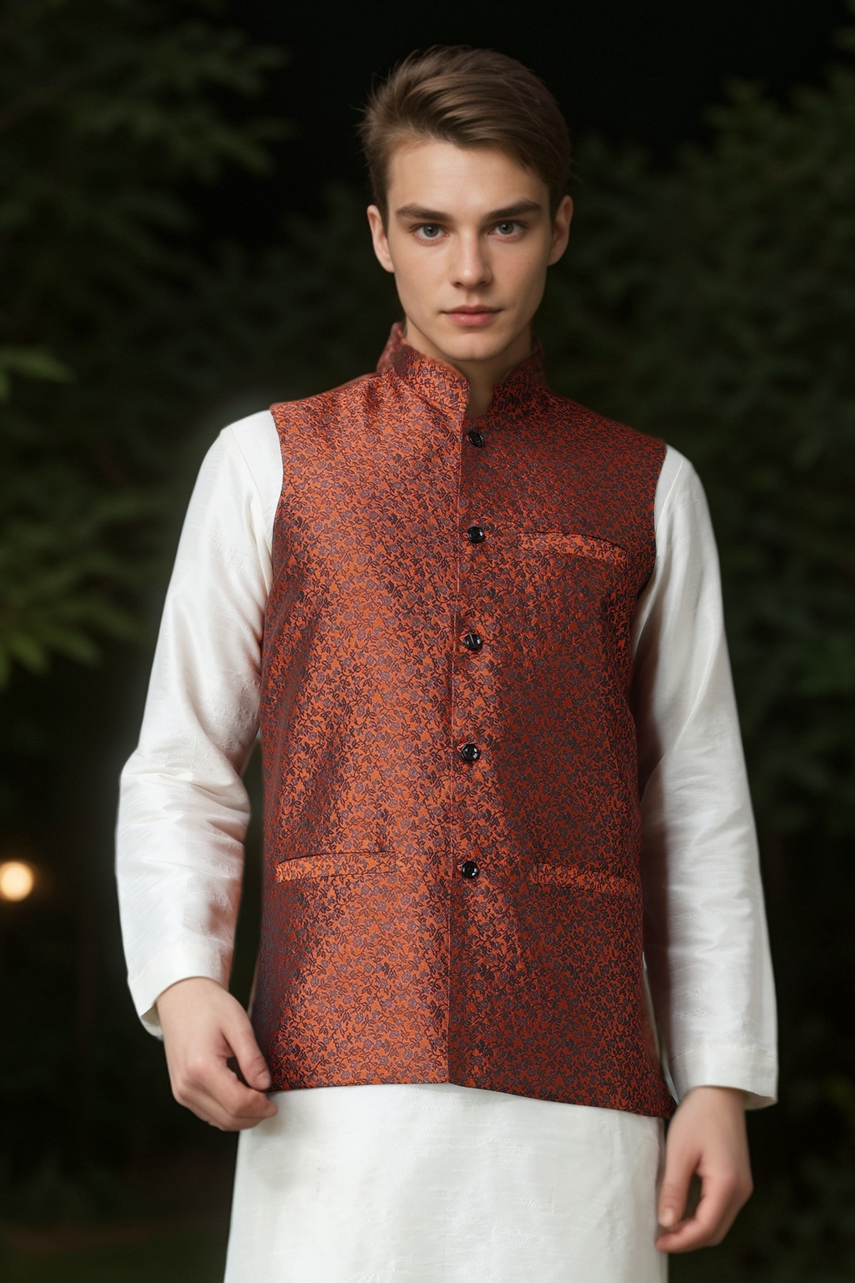 Buy Plus Size ​Celebratory Rust Brocade Vasket At Apella | Sizes XS to 10 XL | India | Free Delivery | Customized