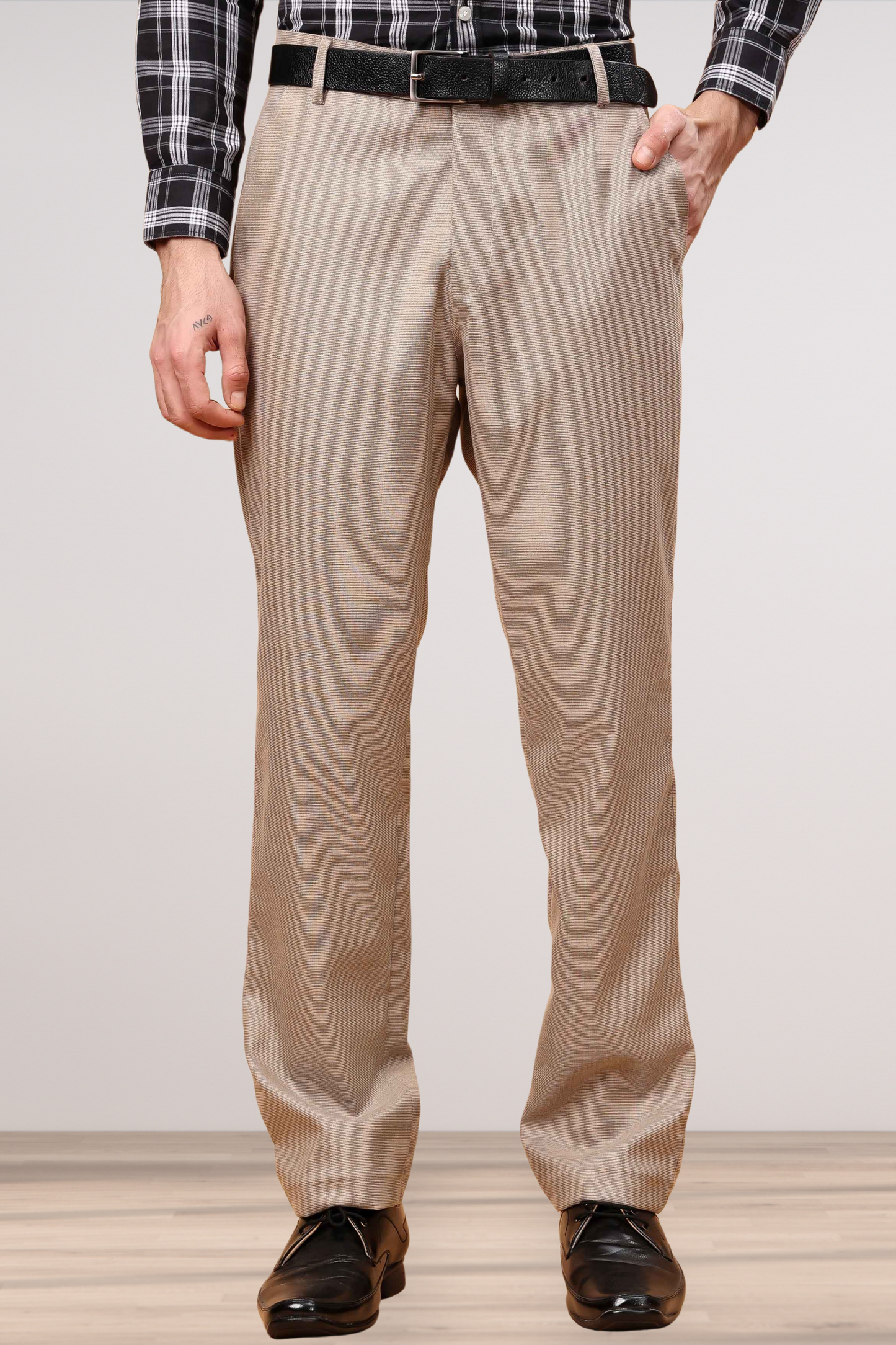 Almond Beige Textured Stretch Trousers