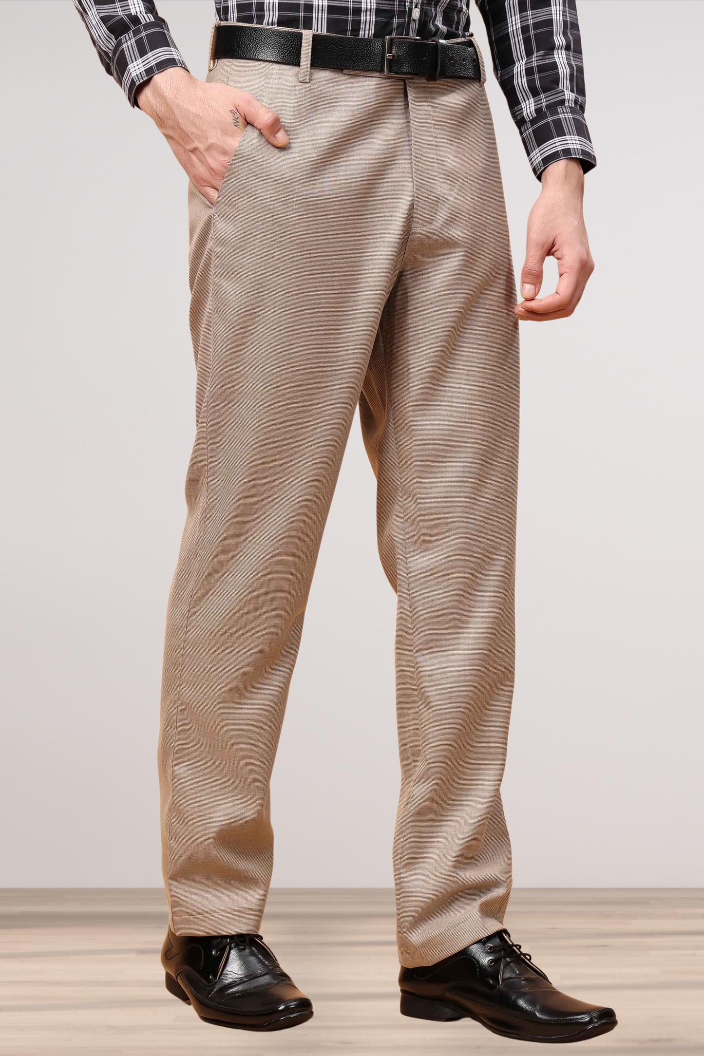 Almond Beige Textured Stretch Trousers