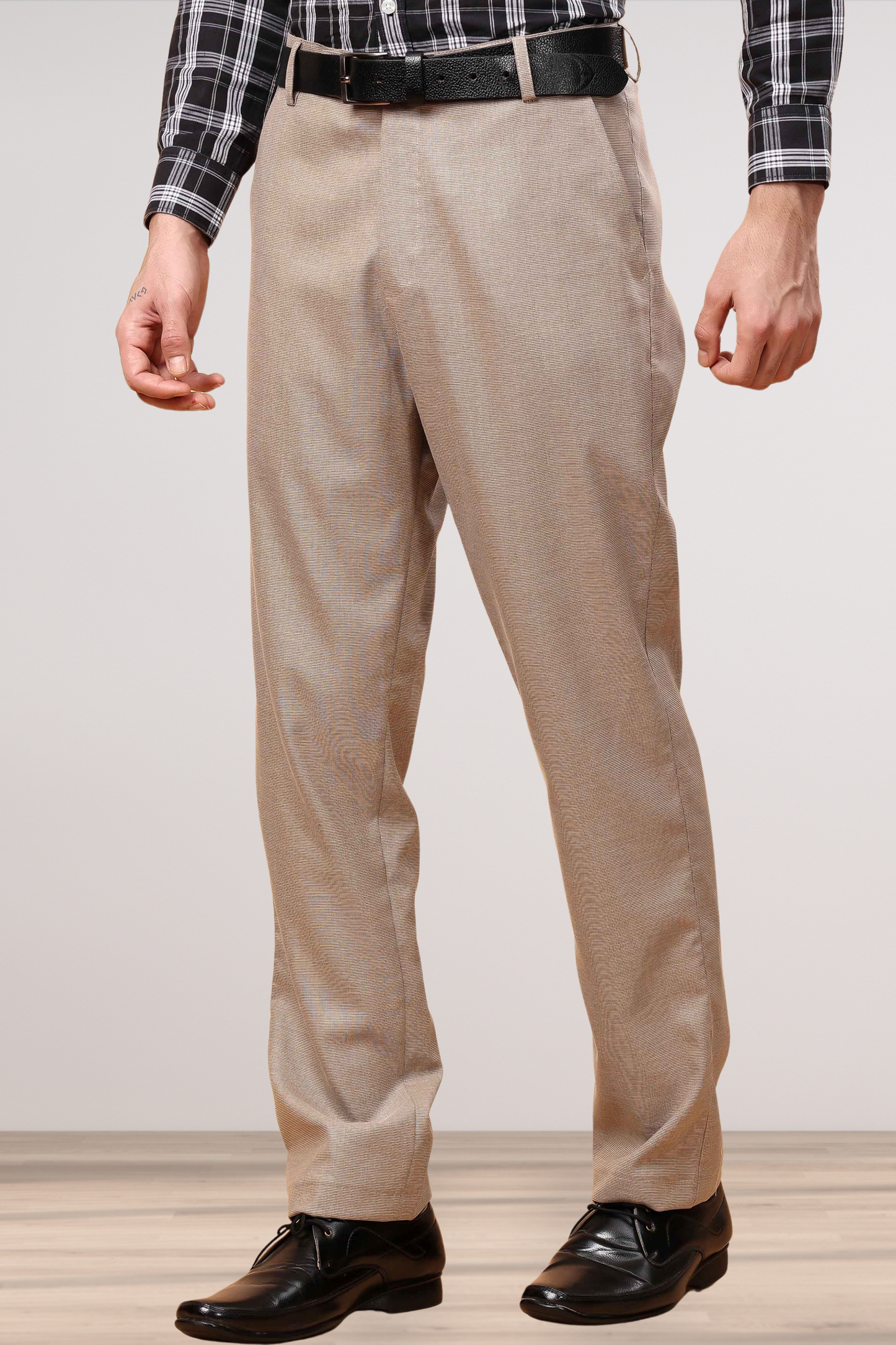 Almond Beige Textured Stretch Trousers