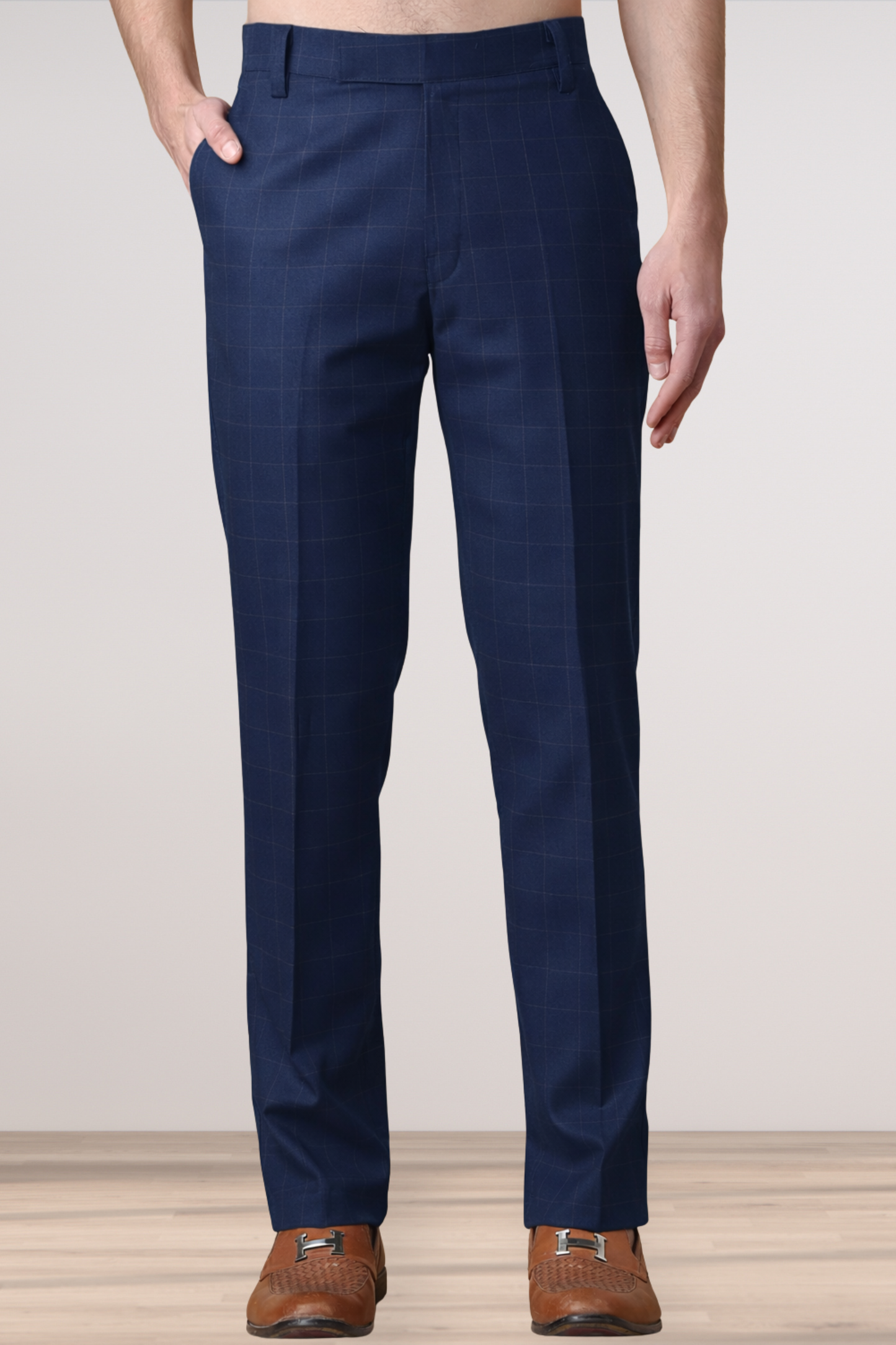 Navy Checked Formal Trousers