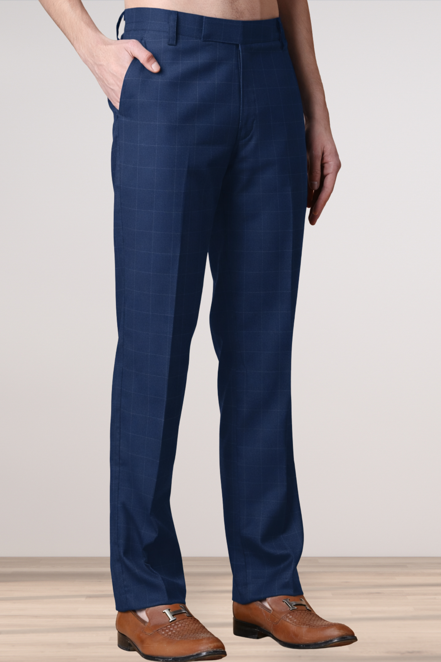 Navy Checked Formal Trousers