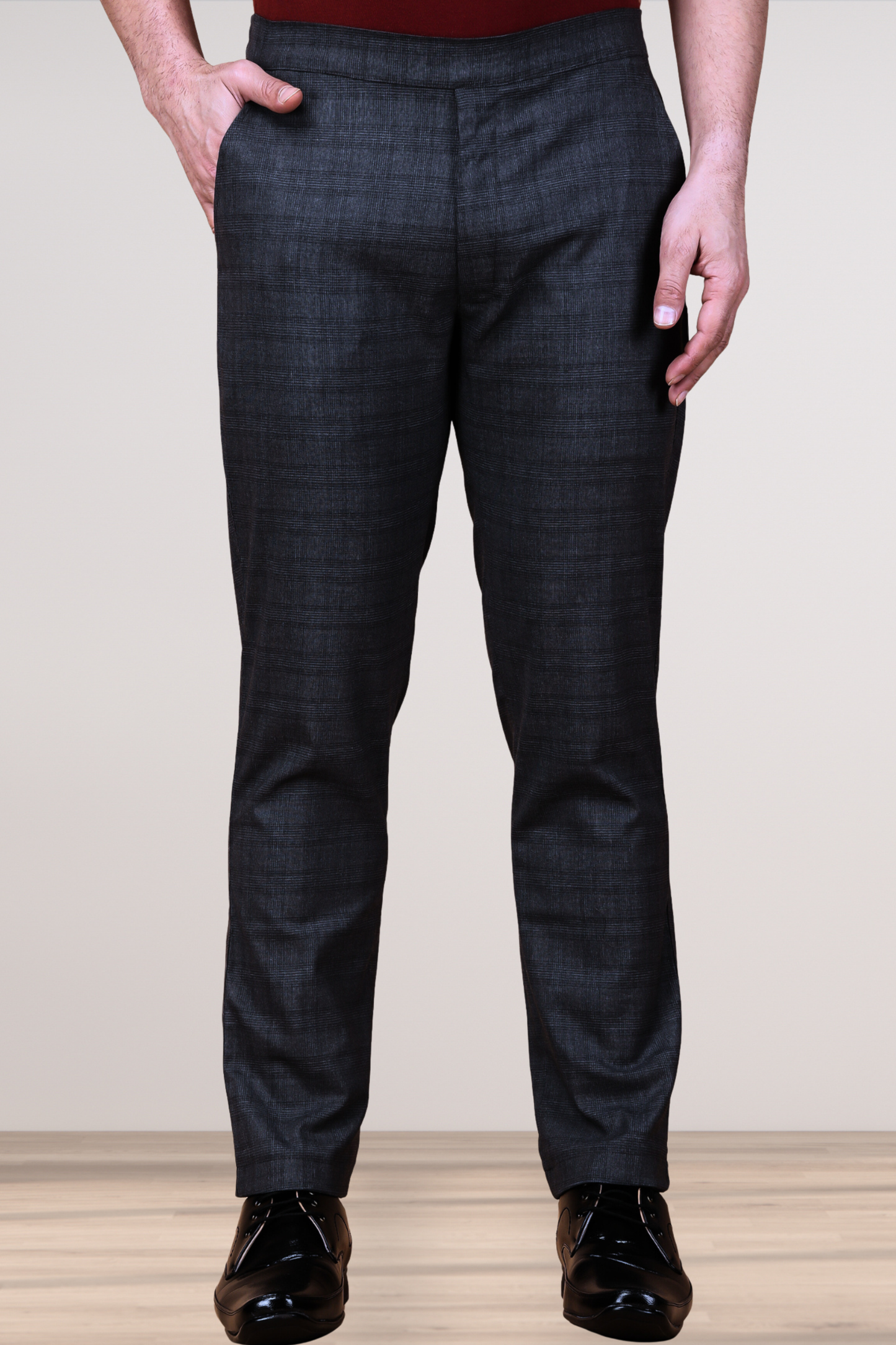 Midnight Black Checked Comfort Fit Trousers
