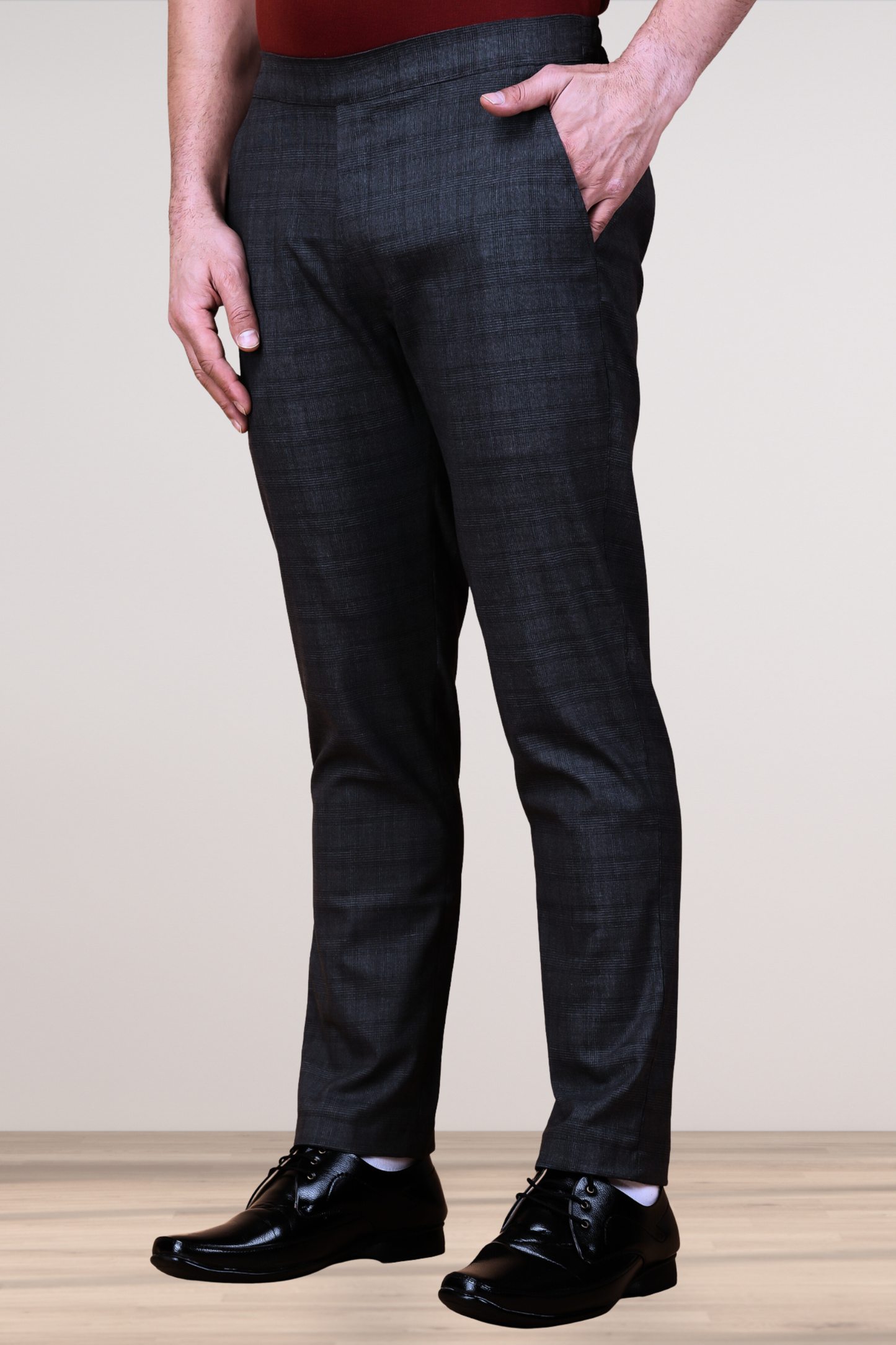 Midnight Black Checked Comfort Fit Trousers