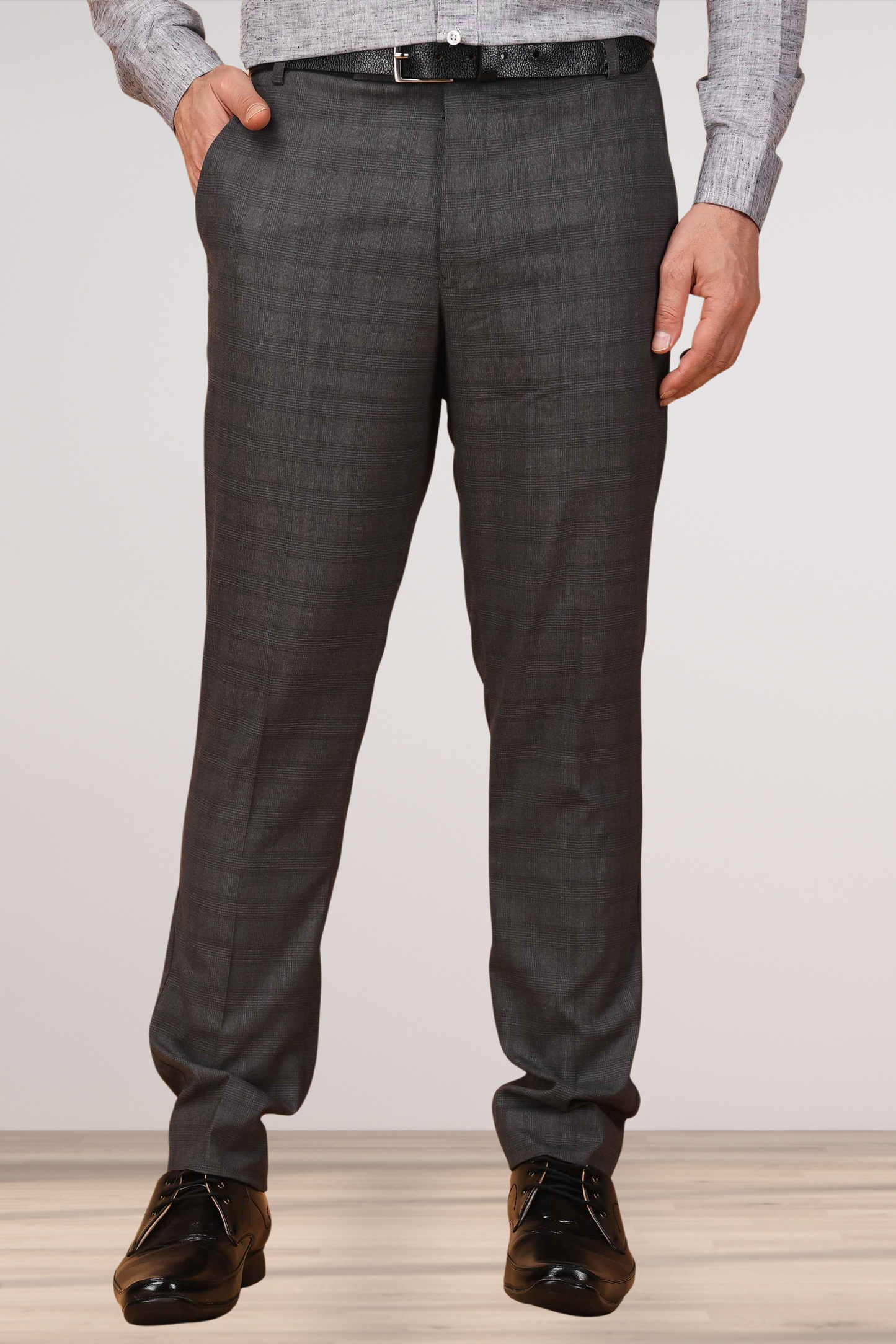 Charcoal Grey Checked Formal Trousers